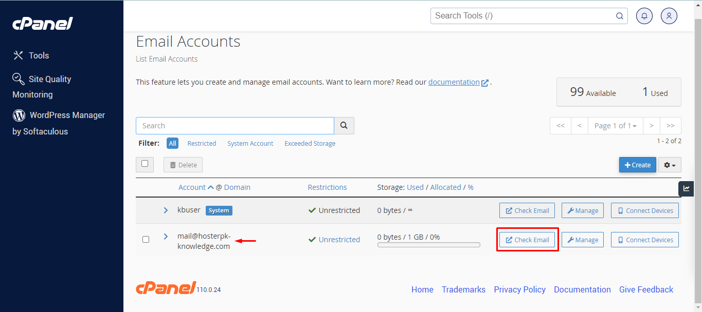 confirm email showing in emails account section of cpanel