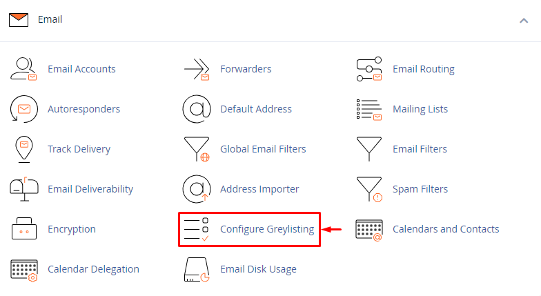 click on configure greylsting in email accounts option