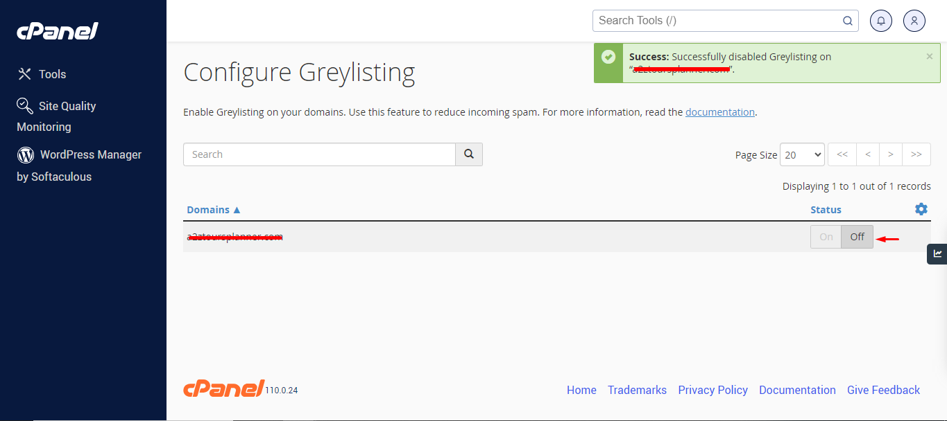 click off configure greylsting in email accounts option