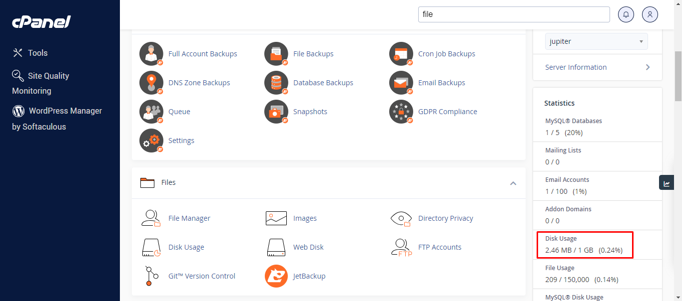 disk usage in cpanel