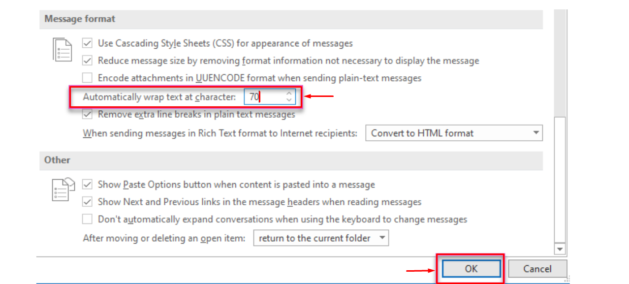 Automatically wrap text at outlook settings