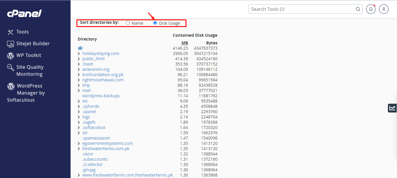 click on disk usage radio button under the sort directories by