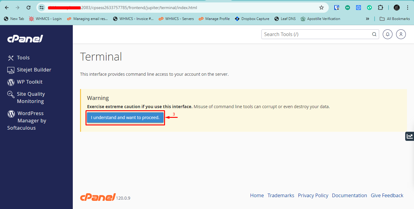 cpanel advanced terminal i understand and want to proceed
