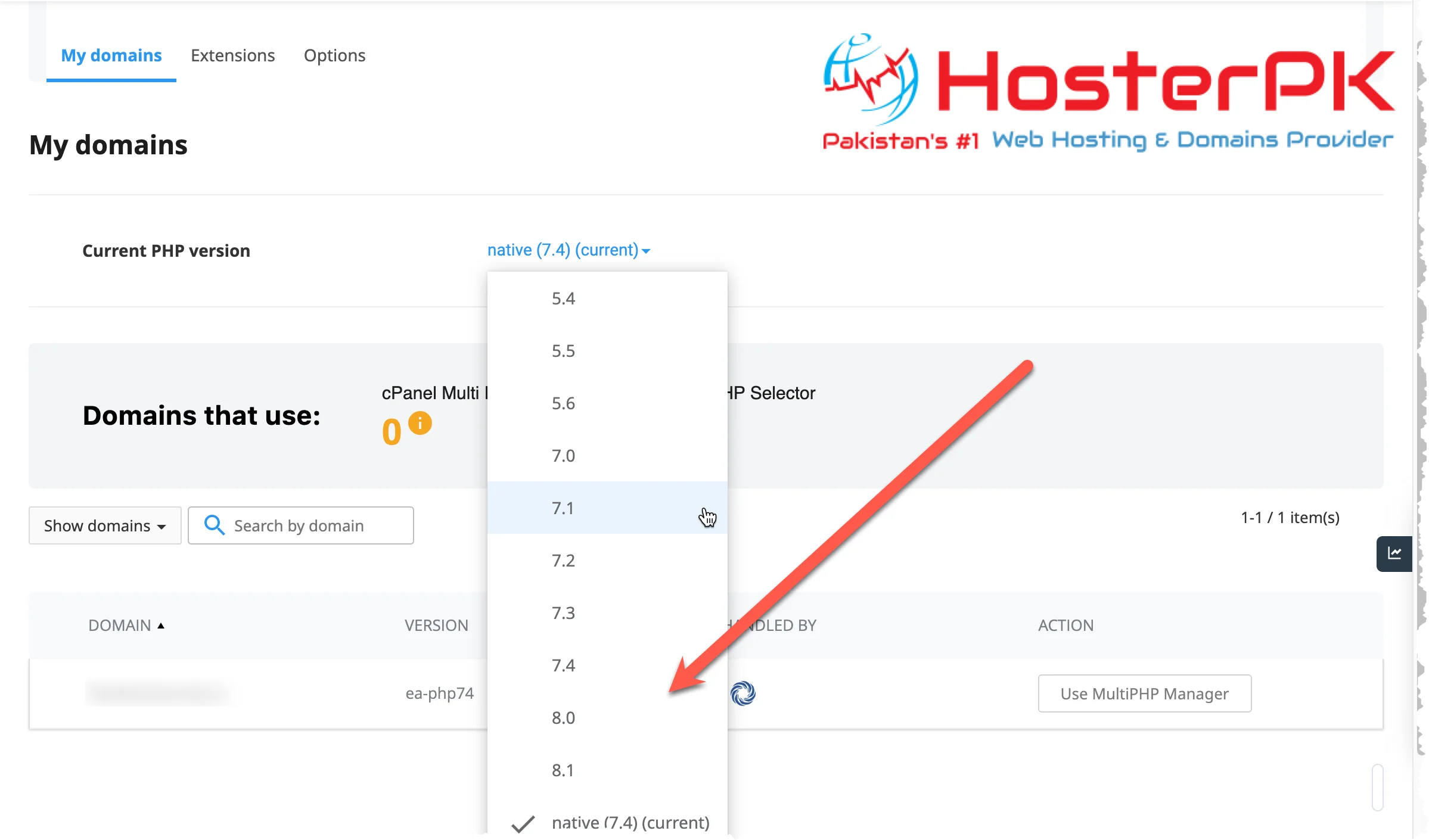 Select PHP Version - Domains